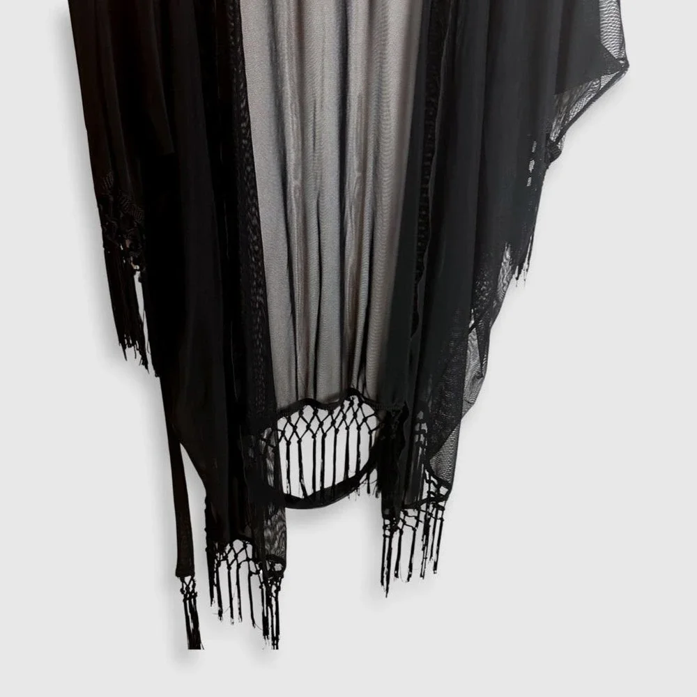 MONTCE Swim Black Sheer Fringe Kimono OS - Picture 3 of 5